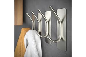 GLUIT Adhesive Towel Hooks for Bathroom Wall Hooks for Hanging Heavy Duty Coat Rack Sticky Hanger for Door Holder Durable Stainless Steel Silver- 4 Pack
