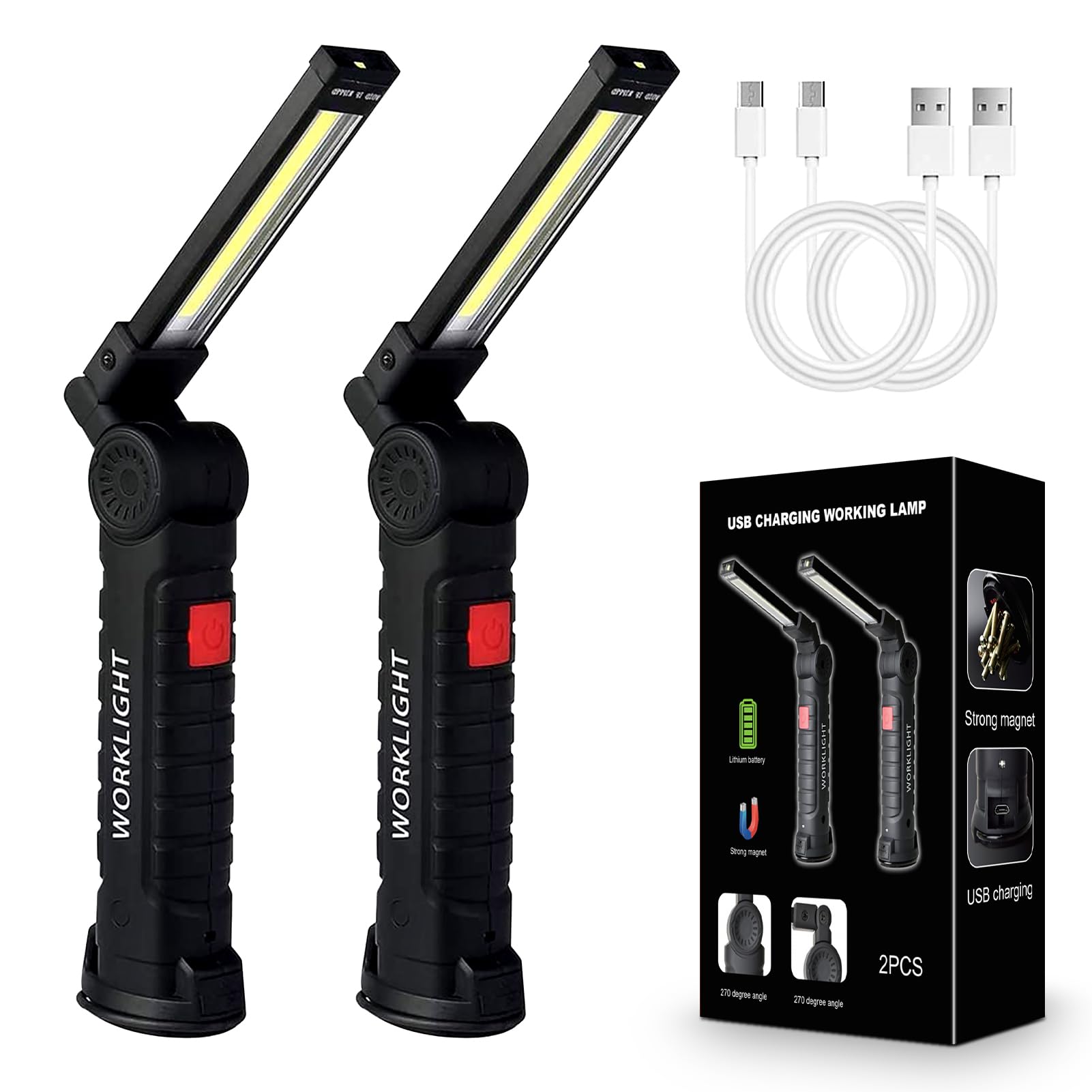 Photo 1 of 2Pack LED Work Lights, USB Rechargeable COB Light with Magnetic Base 360°Rotate and 5 Modes, Folding Flashlight Inspection Mechanic Light for Car Repairing, Workshop, Household and Emergency Use,Large