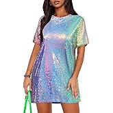 Ophestin Women's Sparkly Sequin T Shirt Dress Short Sleeve Crewneck Tie Backless Glitter Party Club Dresses