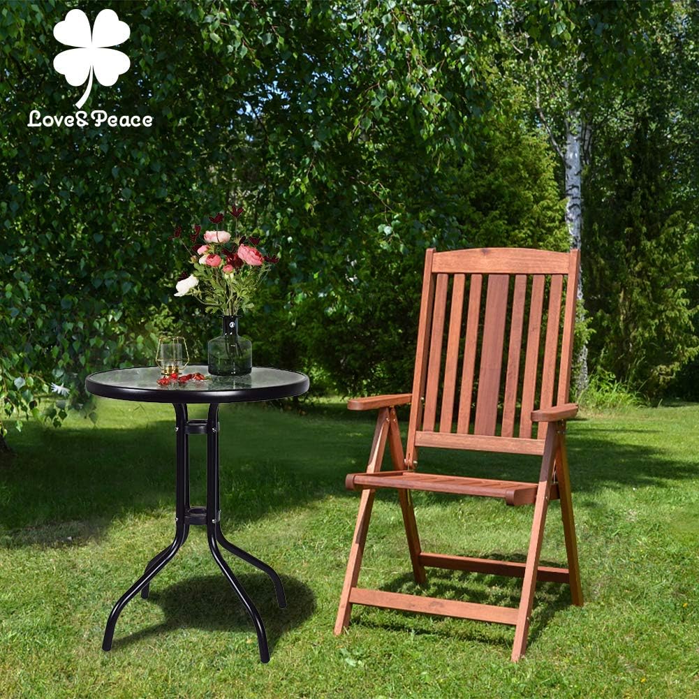 Love & Peace 24" x 24" Outdoor Bistro Table Metal Round Patio Side Table Outdoor Coffee Table Furniture Garden Backyard Dining Table, W/Elegant Water Ripple Glass Table Top, Black: Kitchen & Dining