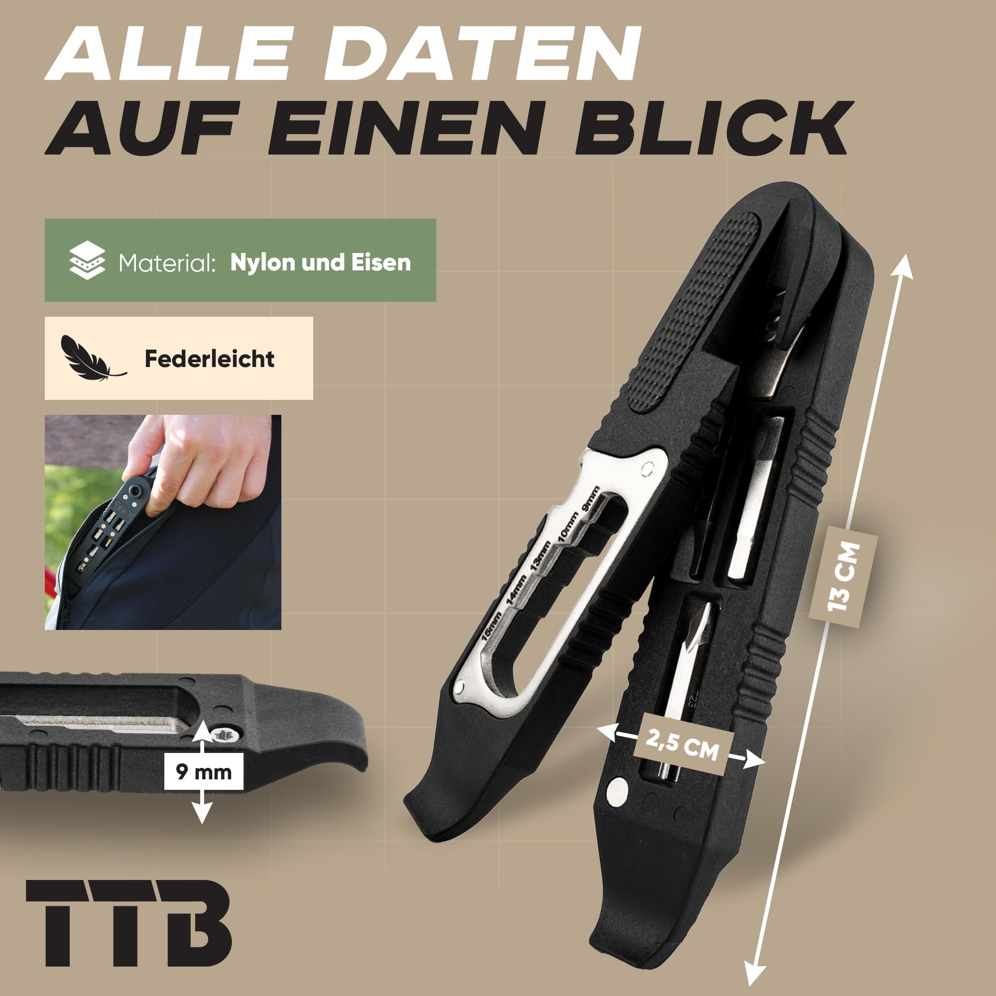 TTB Fahrrad Werkzeug Multitool 14 in 1 Inklusive Reifenheber Ultraleicht, Handlich & Klein [Mountainbike] Bike Sport 8
