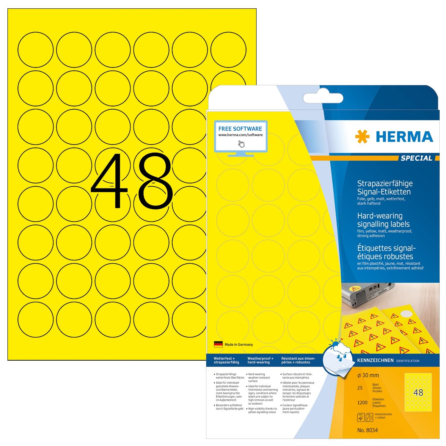 HERMA Self Adhesive Film Labels, 48 Labels per A4 Sheet, 25 Sheets, Ø 30 mm, 1200 Labels, Blank Weatherproof Round Labels Stickers, Sticky Dots for Laser & Inkjet Printer, Yellow