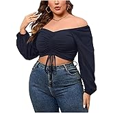 SOLY HUX Women's Plus Size Blouse Drawstring Ruched Front Off Shoulder Bishop Long Sleeve Crop Tops