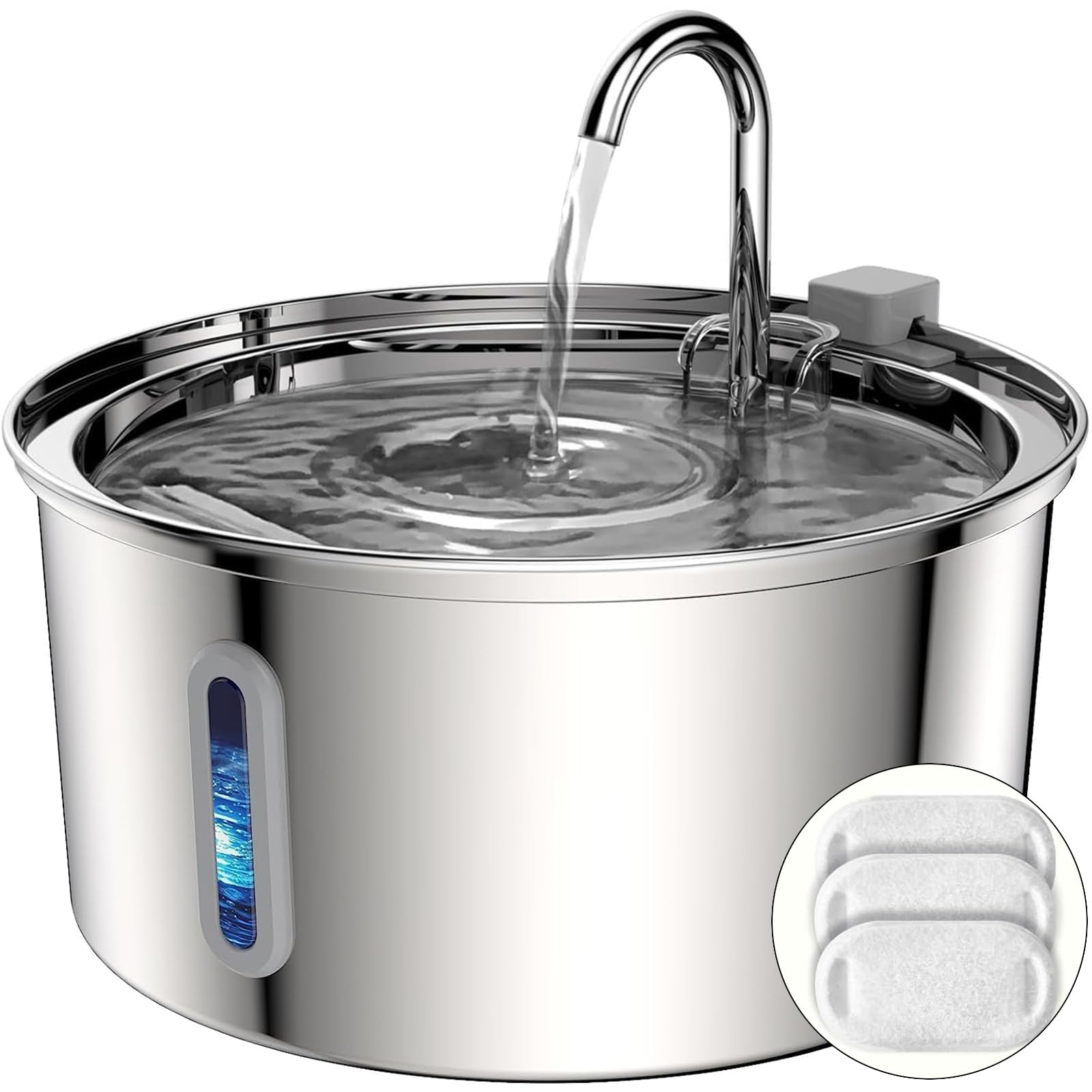 TOMXCUTE 3.2L Stainless Steel Cat Water Fountain for Drinking, Tap Cat Fountain for Cats Terriers small-sized dogs, with Visible Water Level, Dishwasher Safe, Super Quiet Pump, Double Filter Cycle