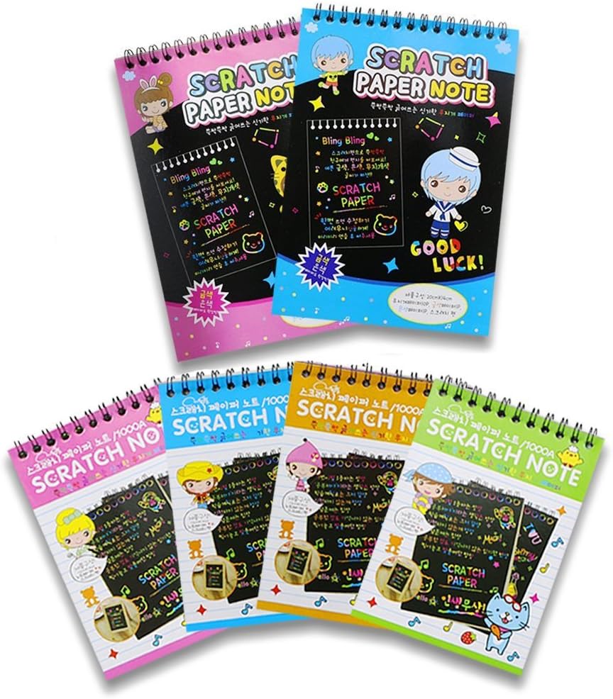 Oopsu 6PCS Rainbow Scratch Notebooks,Drawing Notepads For Kids with 6 Colorful Mini Notebooks and 6 Wooden Styluses(2 stylesRainbow Scratch Paper )