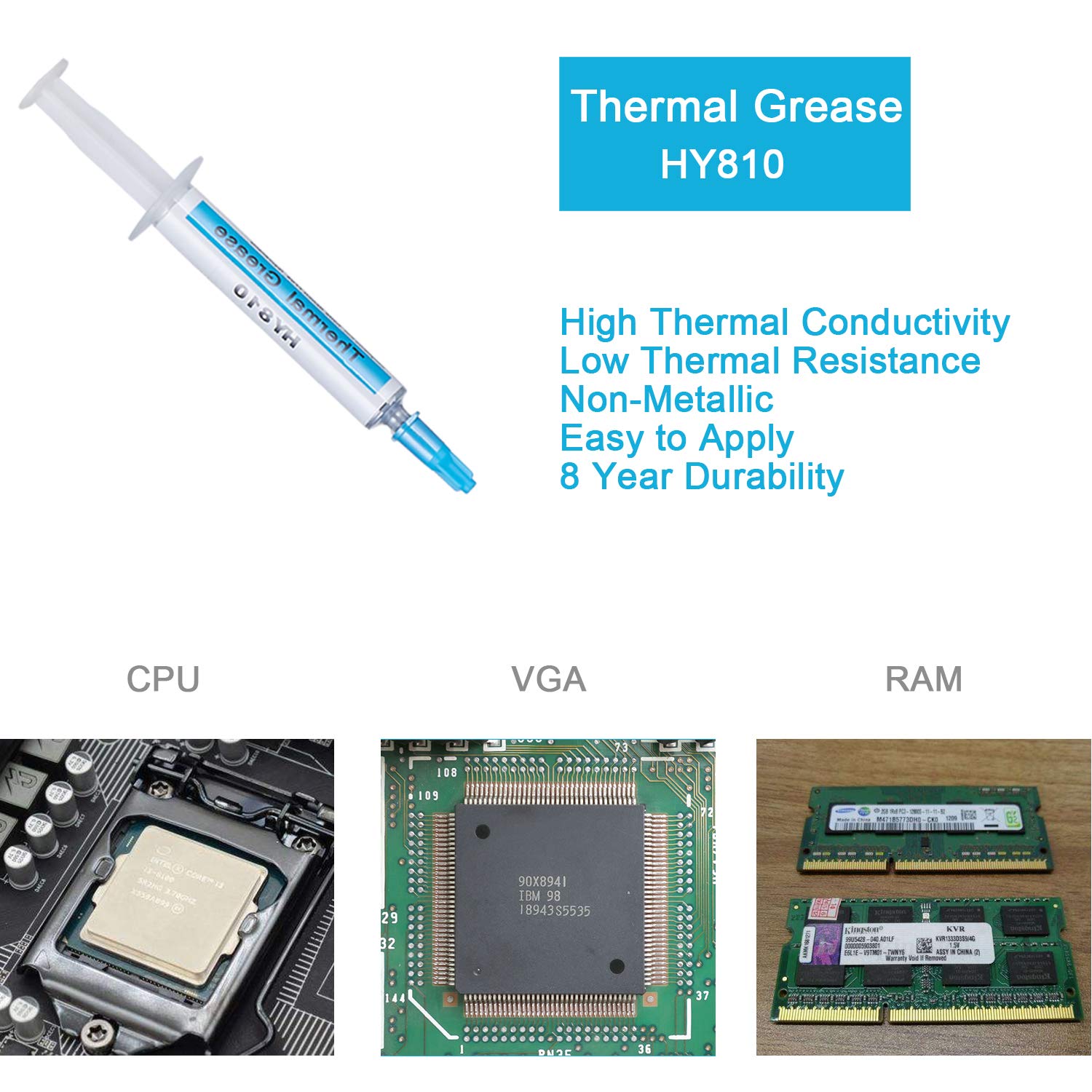 UCMDA 5pcs Pâte Thermique, Halnziye HY810 Professionnelle Haute Conductivité Graisse Thermique en Seringue pour Processeur CPU et GPU (5X2g)