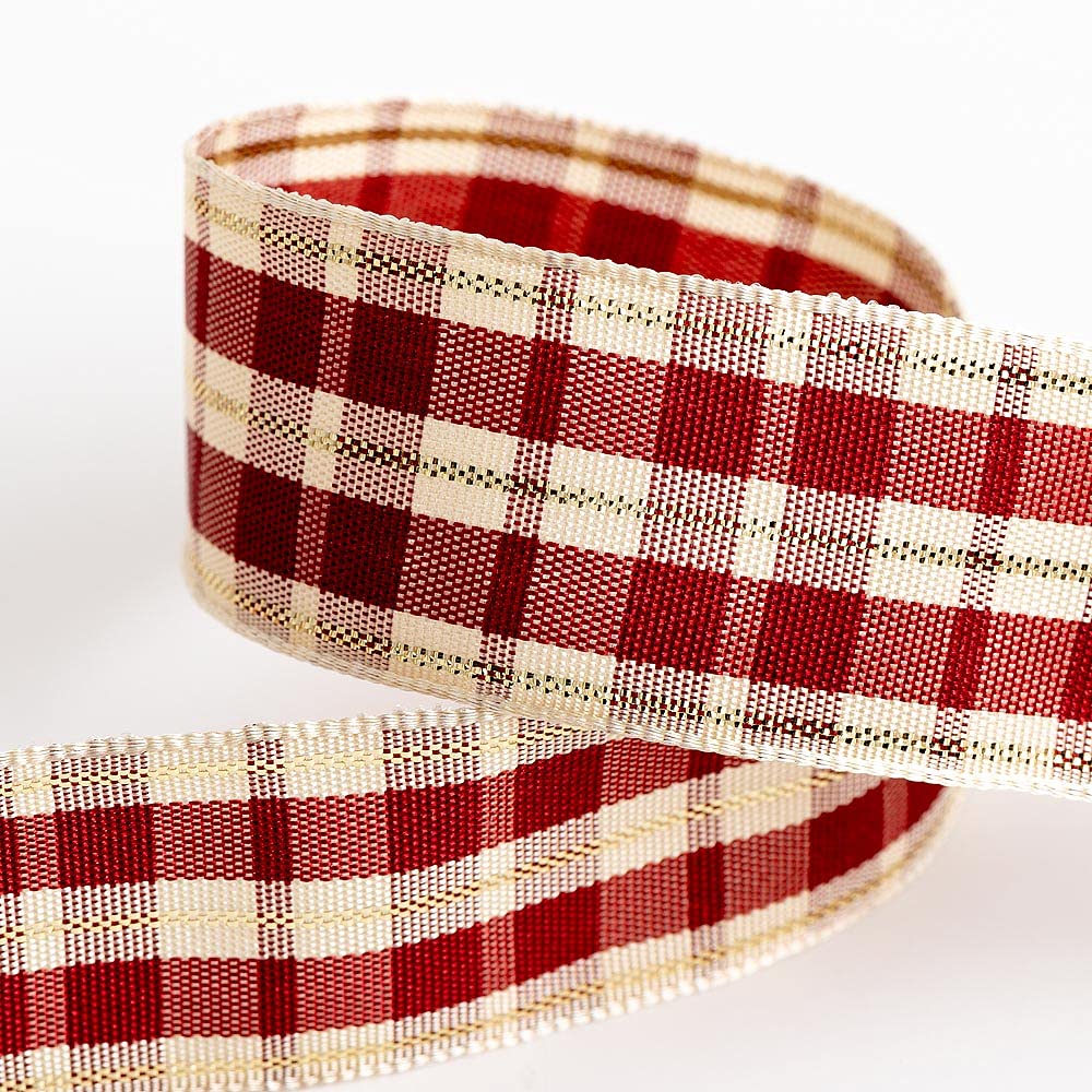 Italian Options Tartan Ribbon 25mm x 10M - Cream/Burgundy/Red/Gold