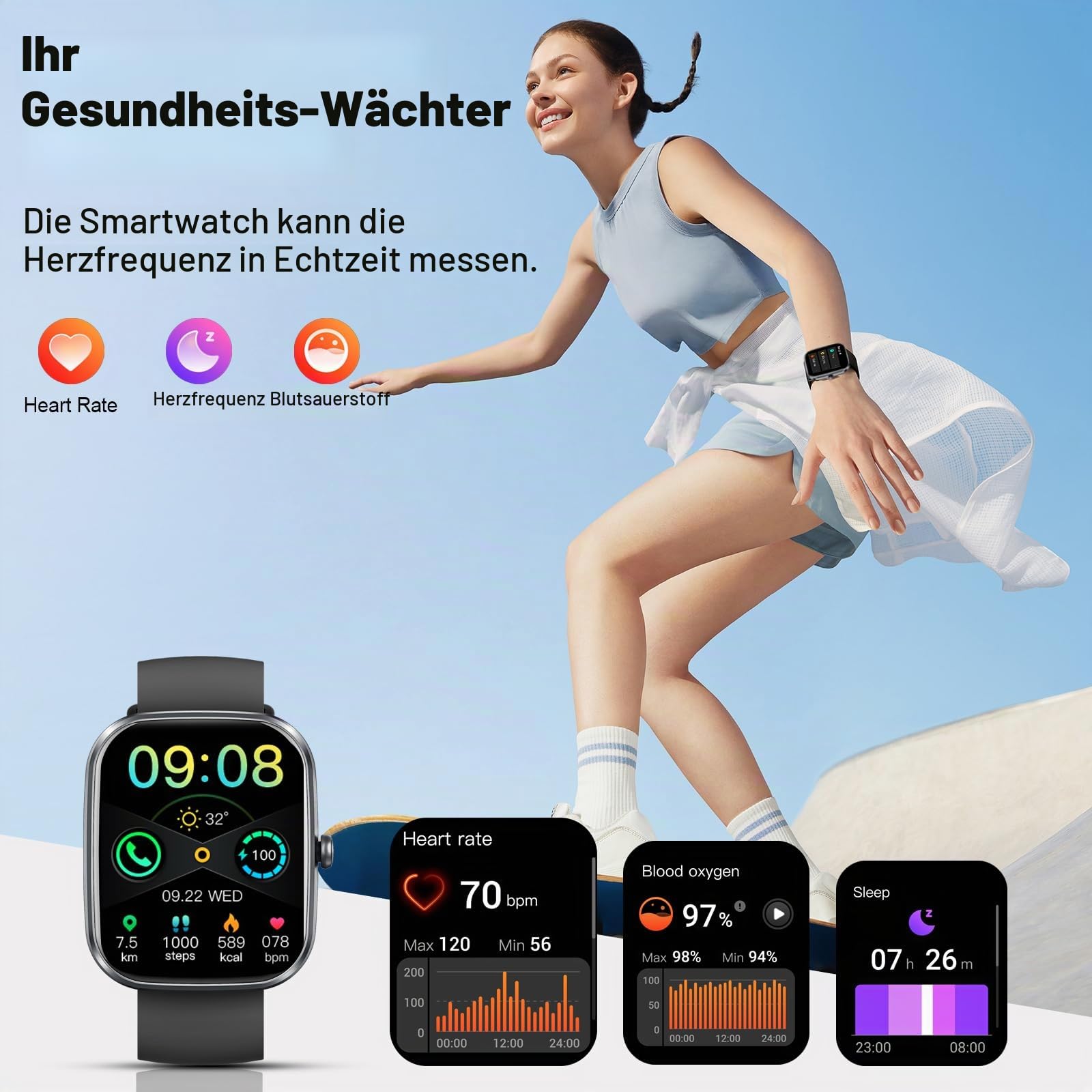 Smartwatch Herren Damen, 1.91''HD Fitnessuhr Sportuhr mit Bluetooth Anrufe 3