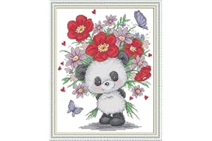 Funcrostitch Counted Cross Stitch Kits for Beginners,14ct Unprinted Pattern Embroidery Kit Dmc Cotton Threads Needleworks for Adults-Bear Giving Flowers 10.2"×12.6"