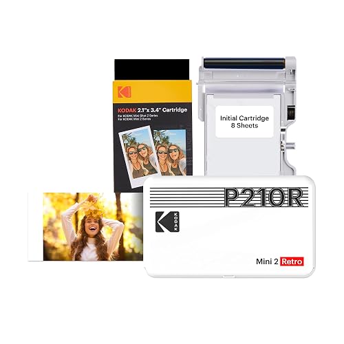 KODAK Mini 2 Retro 4PASS Portable Photo Printer (2.1x3.4 inches) Initial 8 Sheets + 60 Sheets Pack Bundle, White