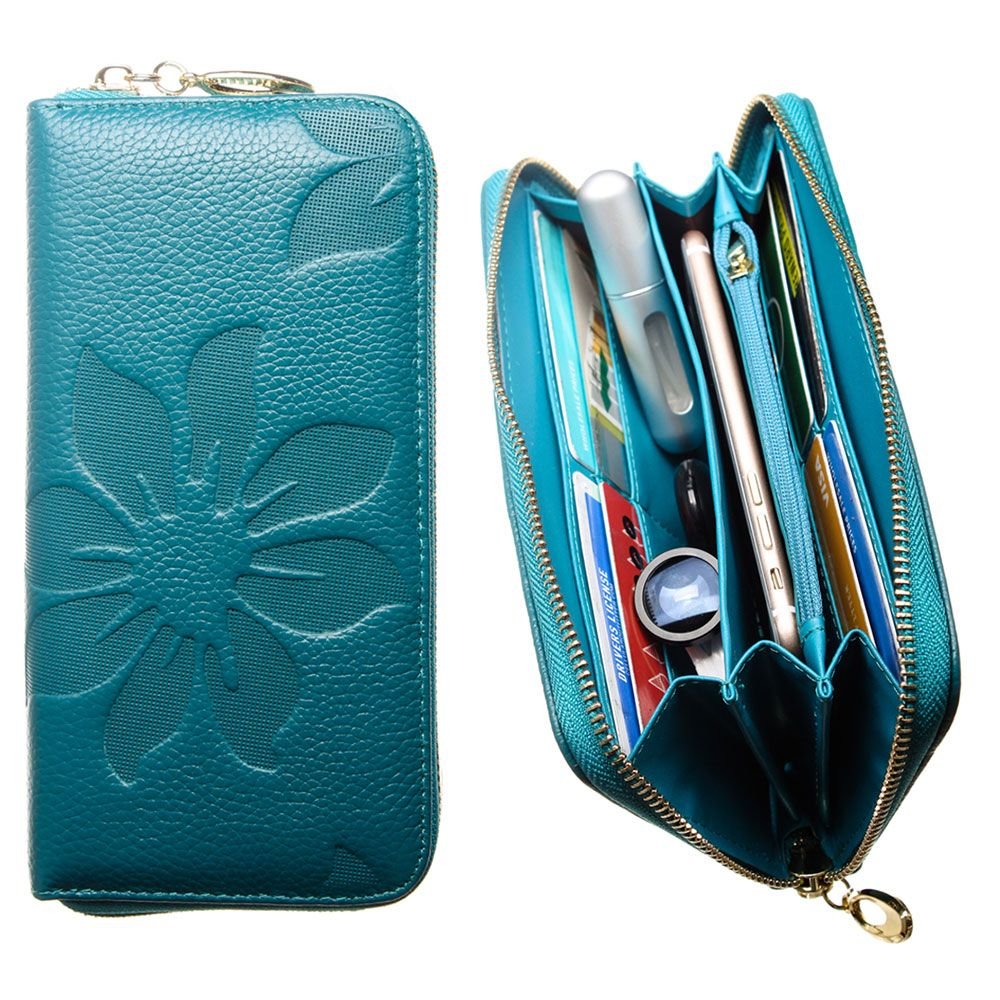 CellularOutfitter Leather Clutch/Wallet Case - Embossed Flower Design w/Multiple Card Slots and Compartments - Teal Blue