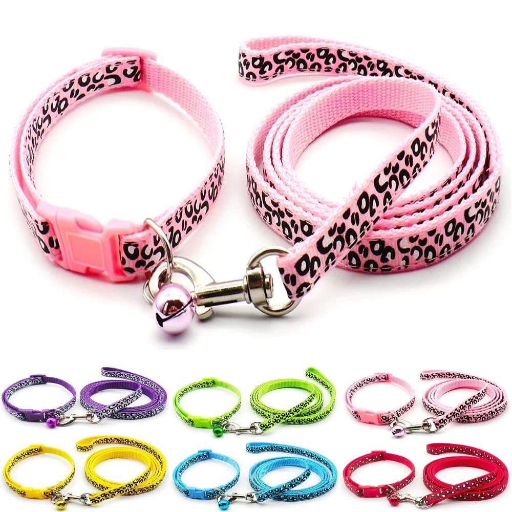 Small Dog Puppy Pet Collar and Lead Set Leopard Print Design Nylon Adjustable Size 19-32cm Collar with Bell and 120cm Leash Pink