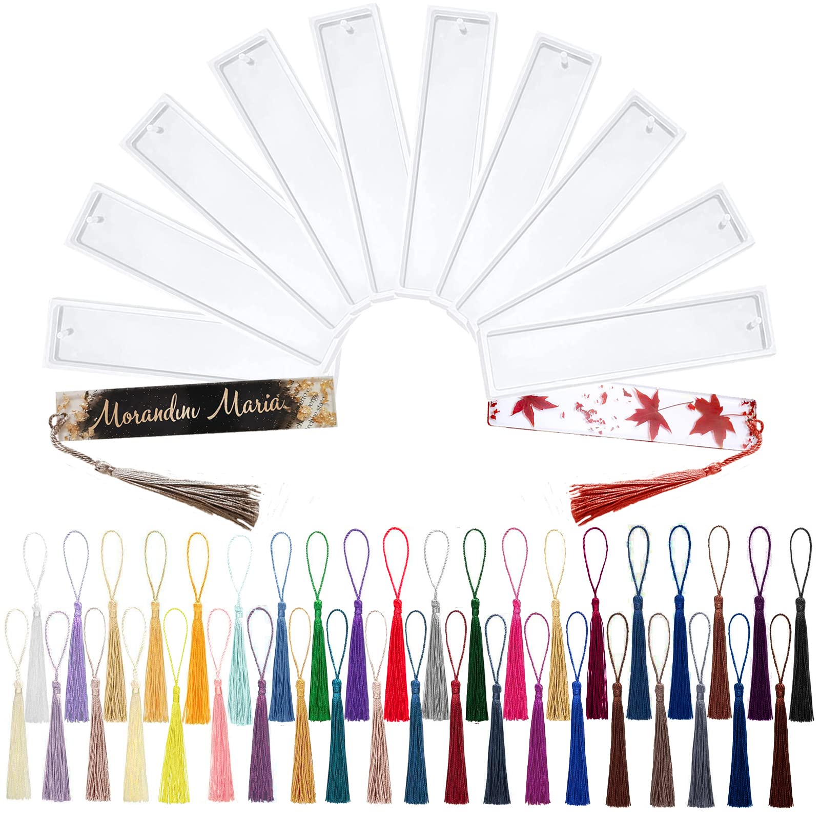 50 PCS Epoxy Resin Bookmark Mold Set - 10 Silicone Molds with 40 Colorful Tassels for DIY Transparent Casting