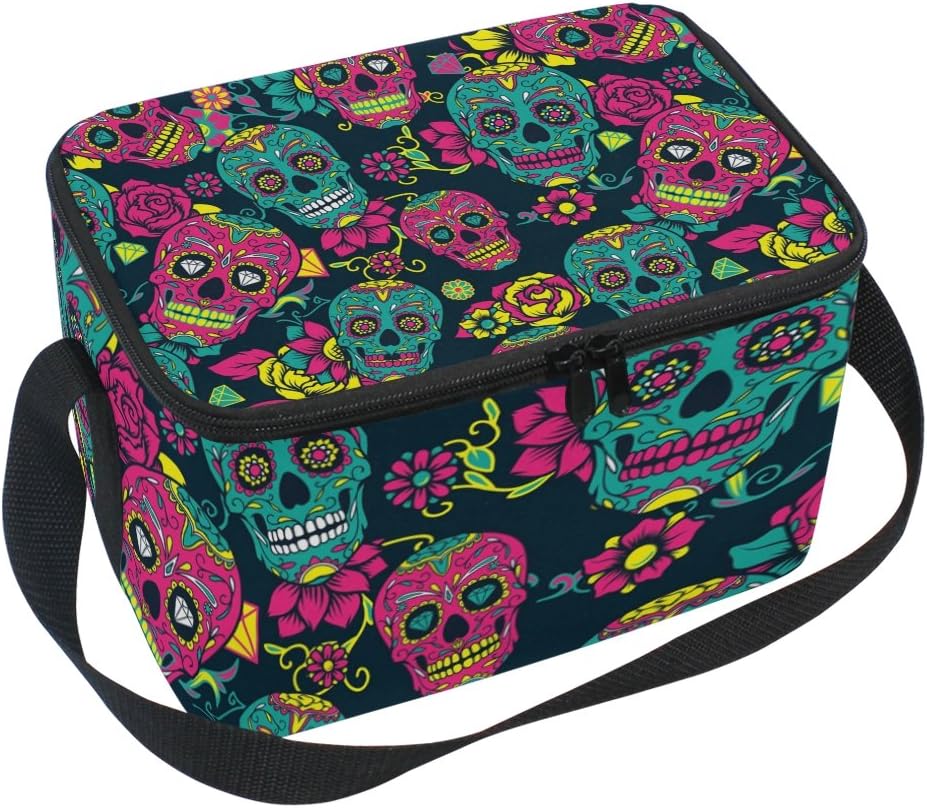 DOSHINE Day of The Dead Floral Flower Sugar Skull Lunch Box Bag, Insulated Cooler Ice Lunch Tote Bag Reusable for Men Women Adult Kids Boys Girls