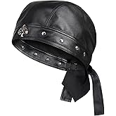 NTAWYT Leather Skull Cap - Adjustable Black Biker Skull Cap, Motorcycle Leather Hat Doo Rag Bandana