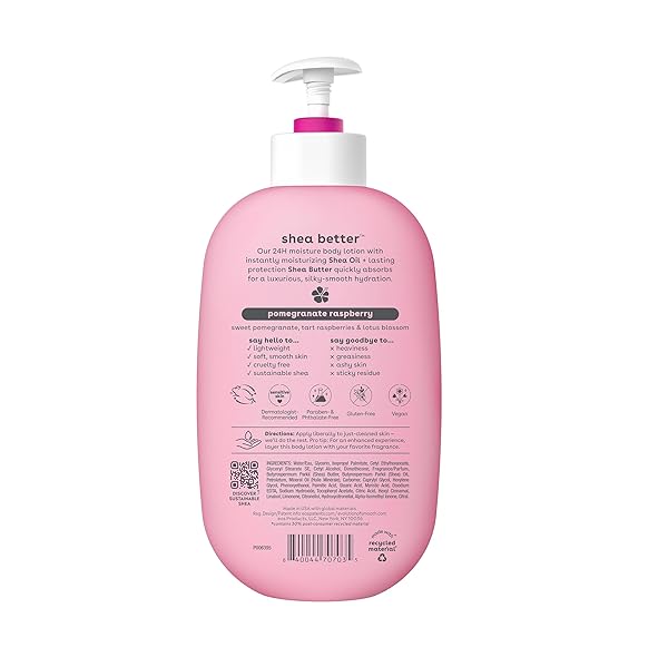 EOS SHEA BETTER BODY LOTION- POMEGRANATE RASPBERRY, 24-HOUR MOISTURE SKIN CARE, LIGHTWEIGHT & NON-GREASY, MADE WITH NATURAL SHEA, VEGAN, 16 FL OZ