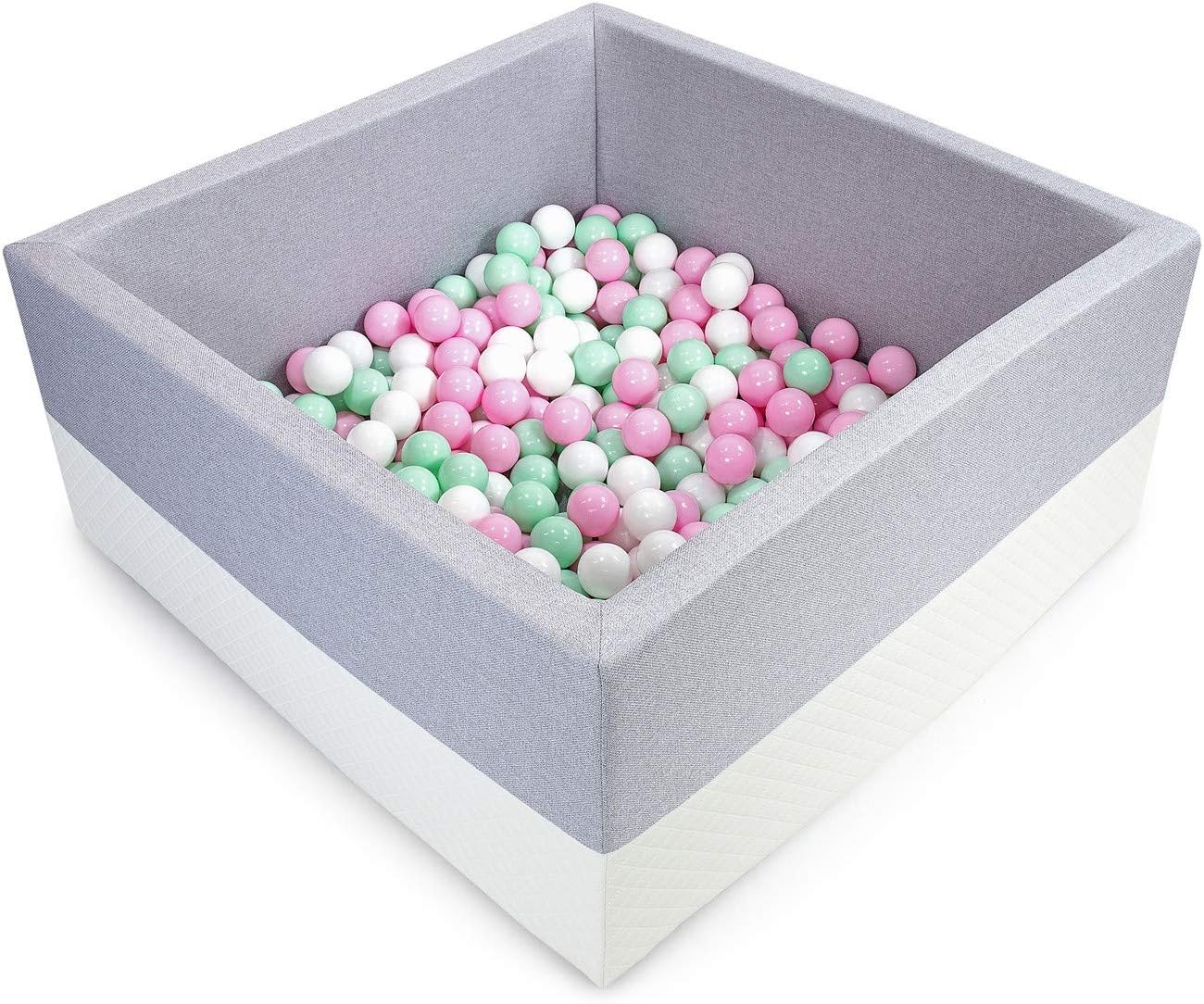 Tweepsy Soft Baby Ball Square Pool Pit 250 Balls 90x90x40cm Handmade EU - BKWE2N - eco-Light Grey Pool: White, Mint, Light Pink