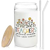 BEHIFL Floral Teacher Glass Cup with Lids and Straws 14oz, Thank You Teacher Gifts, Best Teachers Gifts for Women Glass Iced Coffee Tumbler Drinking Jars with Cleaning Brush