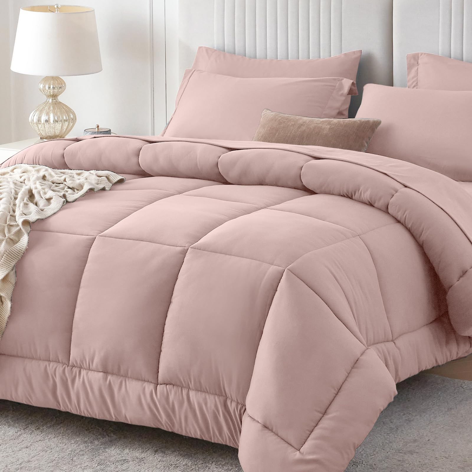 Sasttie California King Comforter Set, 7 Pieces Cal King Bed in a Bag, Complete Bedding Set Includes Comforter, Flat Sheet, Fitted Sheet, Pillowcases and Pillow Shams, Rose Gold Image
