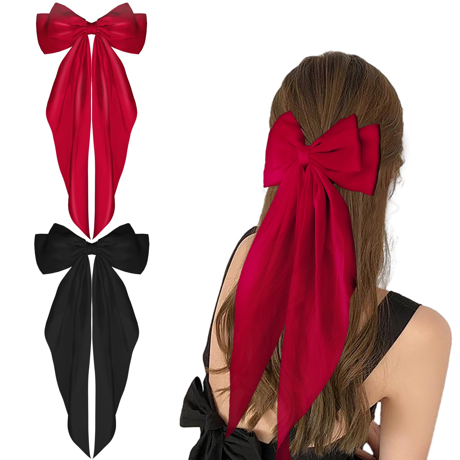 WLLHYF Big Bow Barrettes 2 Pieces Soft Silky Satin Hair Clip Long Tail French Ribbon Hair Pins Metal Bowknot Clips 90's Accessories for Party Valentine's Day Women Girl (Black+Wine red) — image 1