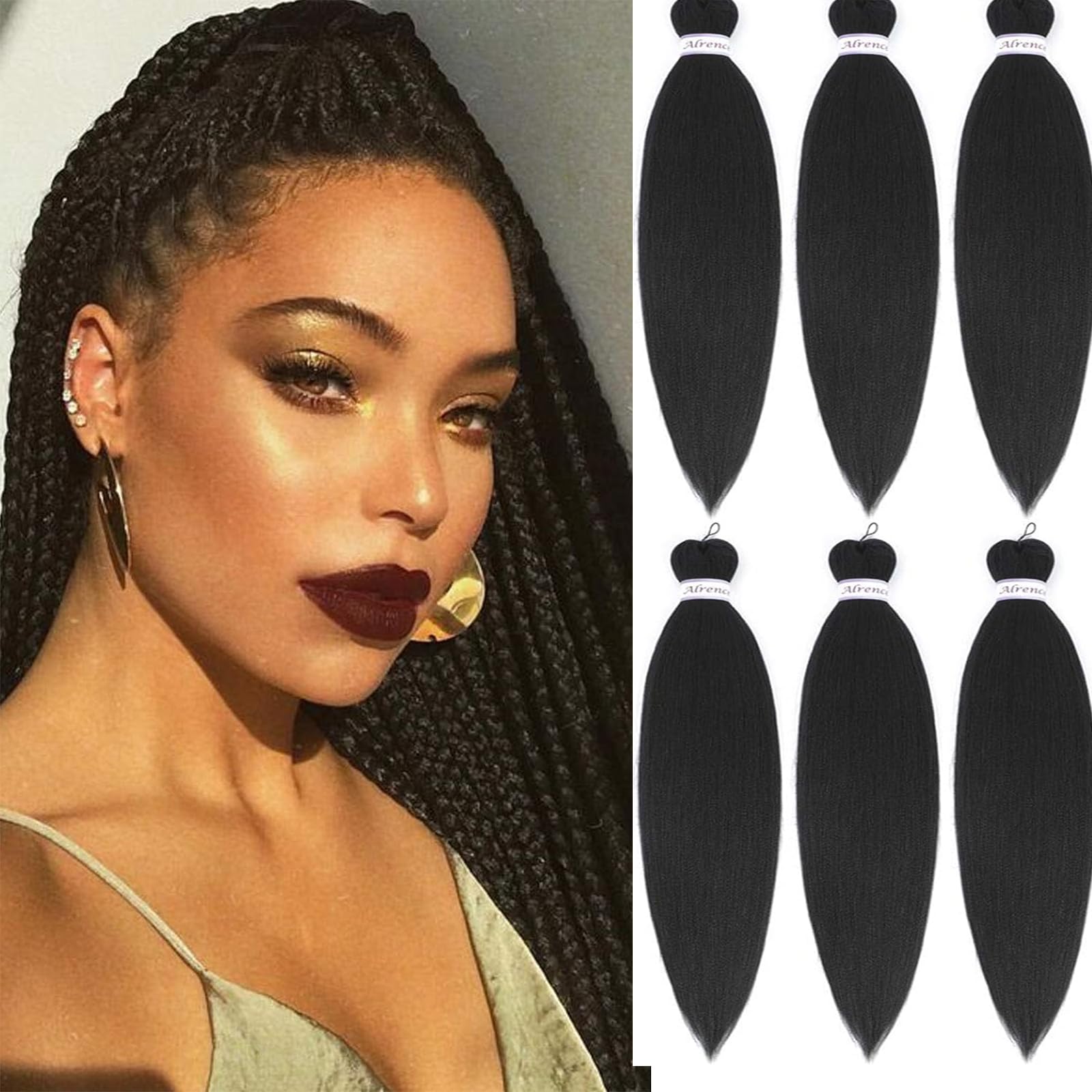 Pre-stretched Braiding Hair 6 Packs/Lot Professional Synthetic Fiber Crochet EZ Braids Yaki Texture Braiding Hair Extensions (1B)