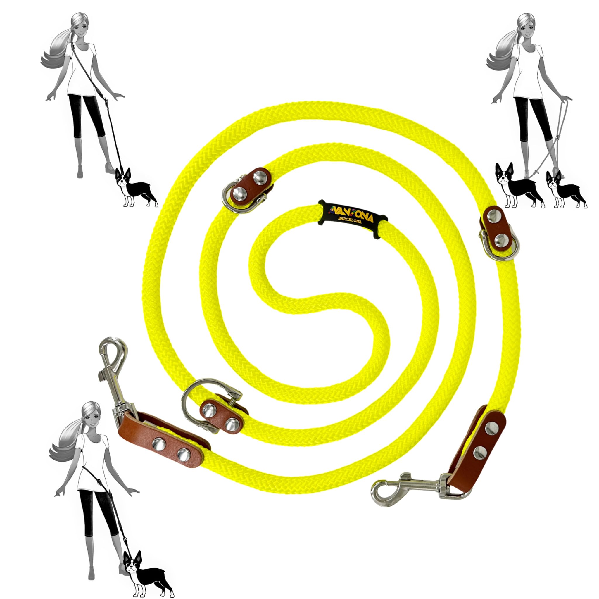 Hands Free Dog Lead. Double Ended, MultiFunction, Multiposition, for 2 Dogs, Small Medium Large. Rope and Leather, Made in Spain. Yellow & Cognac. — image 1