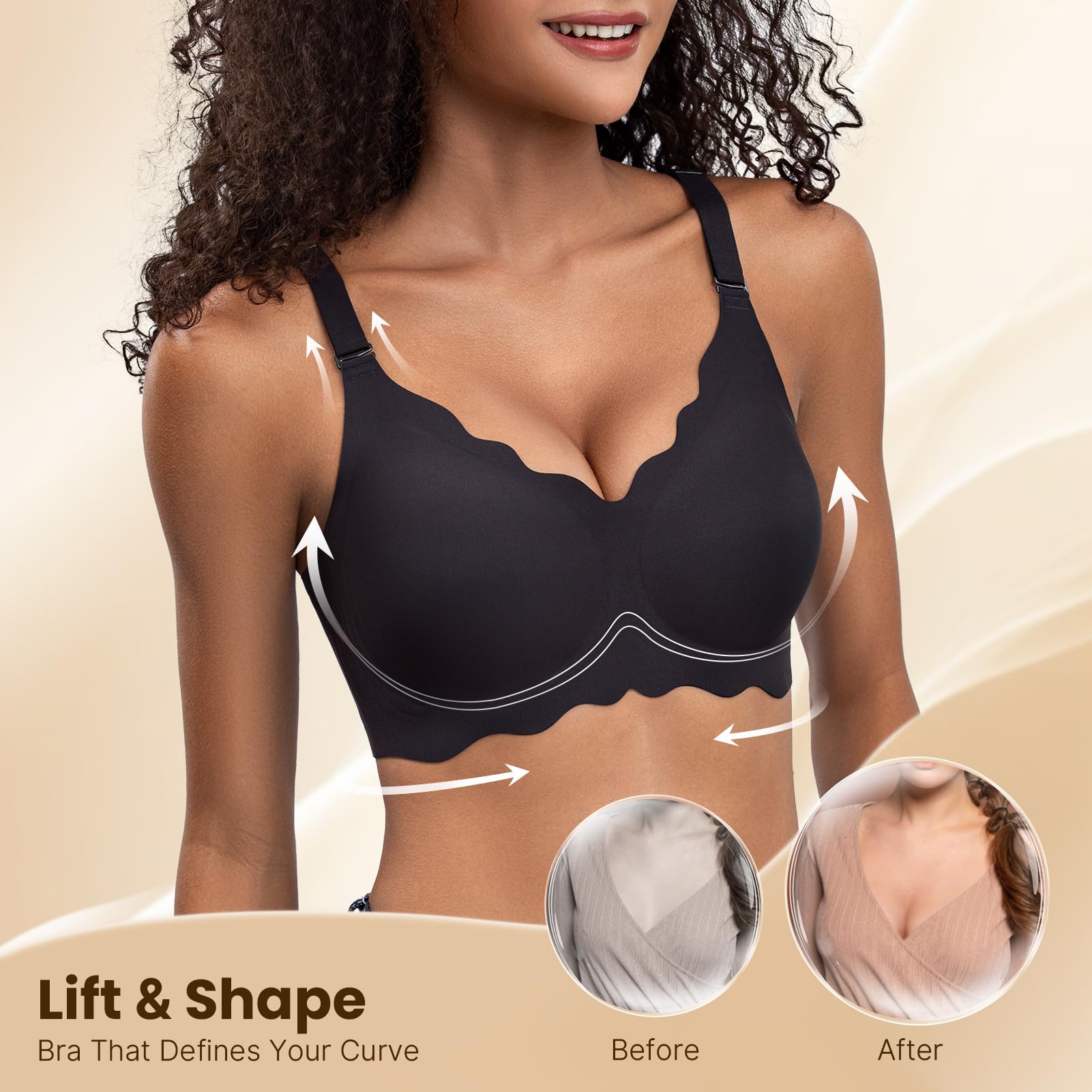 PQK Bras No Underwire for Women Comfortable Wireless Seamless T Shirt Bras Wavy Edge Full Coverage Push Up Bra (Size S Black)