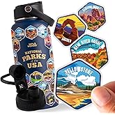 LET'S WANDER National Parks Water Bottle 2.0 Ultimate Bundle | Includes Straw Lid, Chug Lid & 2 Sets of 63 Waterproof Stickers | 32oz Leakproof Insulated Stainless Steel Gift Pack (Blue)