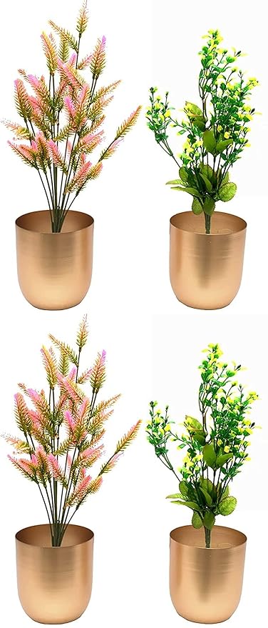 AMNA Gardens Metal Iron Small Flower Pot Planter Plant Stand for Balcony, Living Room, Bedroom,Indoor and Outdoor | 11X11X12 cm (4, Gold)