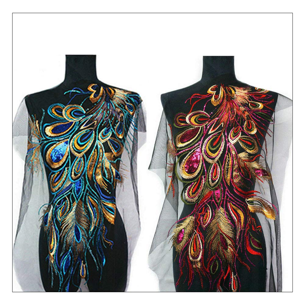 Photo 1 of Acxico 2 Pcs Sequined Peacock and Phoenix Feather mesh Embroidery Applique DIY Embroidery Accessories (1 Piece Each for Royal Blue and Bright Purple)