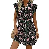 Wenrine Womens Summer Button Down Shirt Dress Casual Collar V Neck Floral Ruffle Sleeve Boho Beach Vacation Mini Dresses