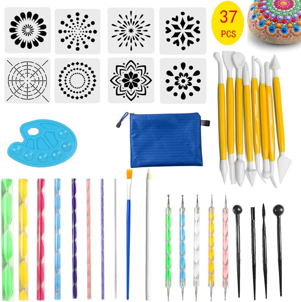 37 PCS Mandala Dotting Tools Stencil Set, Dotting Tools, Brushes and Paint Tray for Painting Rocks Drawing & Drafting, Kids' Crafts, Nail Art, Painting (37)