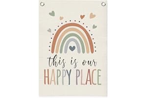 MOFUYU Boho Rainbow Classroom Decor,Colorful Classroom Decor Wall Hanging Flag for Classroom,Library,Kids Room,Playroom,Nursery,This is Our Happy Place Sign 18x25 Inch