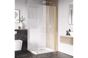 BOUGAINORA 34" W x 74" H Shower Glass Panel, Frameless Fixed Shower Screen with 5/16" (8mm) Clear Tempered Glass, 20mm Adjustable Width, Nano Coating (Brushed Gold, 34" W x 74" H)