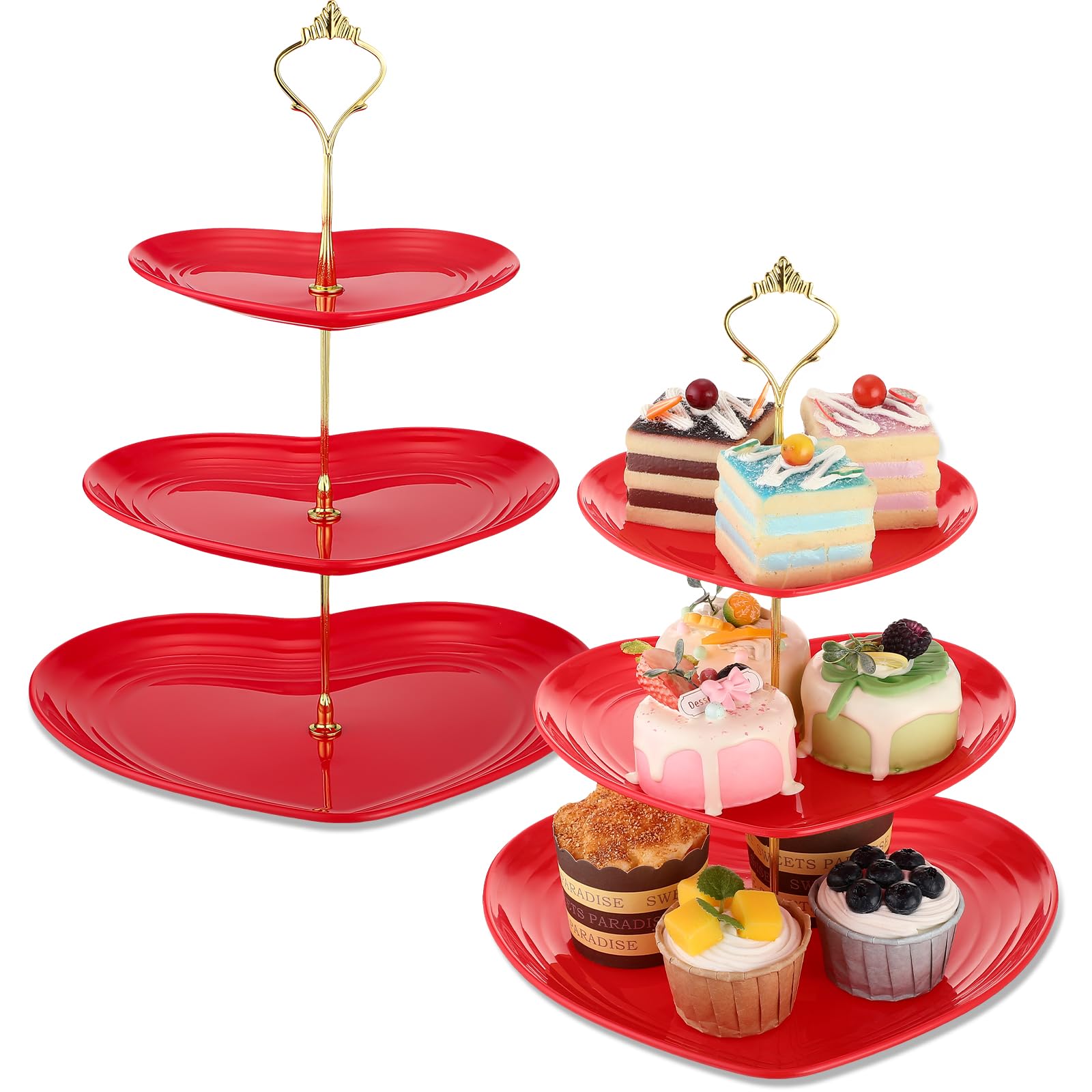 Photo 1 of *USED*Layhit 2 Pack Valentine's Day 3 Tier Cupcake Stand Heart Shaped 3 Tiered Serving Trays for Party Plastic Tray Dessert Cupcake Stand for Tea Party Baby Shower Wedding(Red)