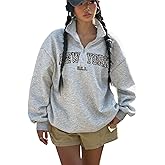 OYOANGLE Women's Half Zip High Neck Sweatshirts Leopard Letter Graphic Loose Pullover Tops Streetwear