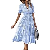 Floerns Women's Striped Short Sleeve Midi Dress Tie Neck Tiered Ruffle Hem A Line Dresses