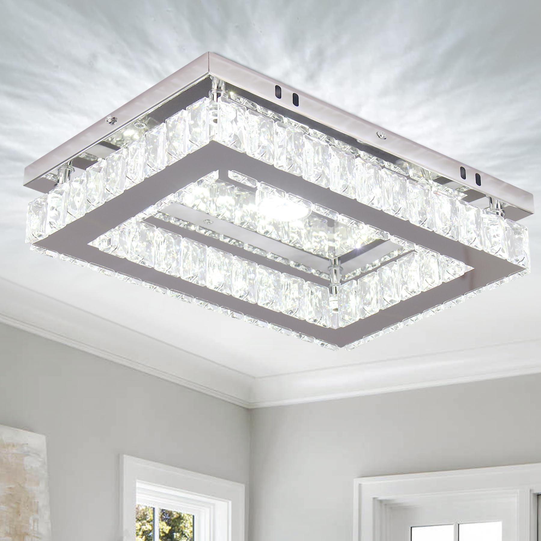 Finktonglan LED Crystal Chandelier Modern Rectangular Ceiling Lamp K9 Stainless Steel Flush Mount Ceiling Lights Fixture Chandelier for Dining Room Living Room Bedroom (Cool White)