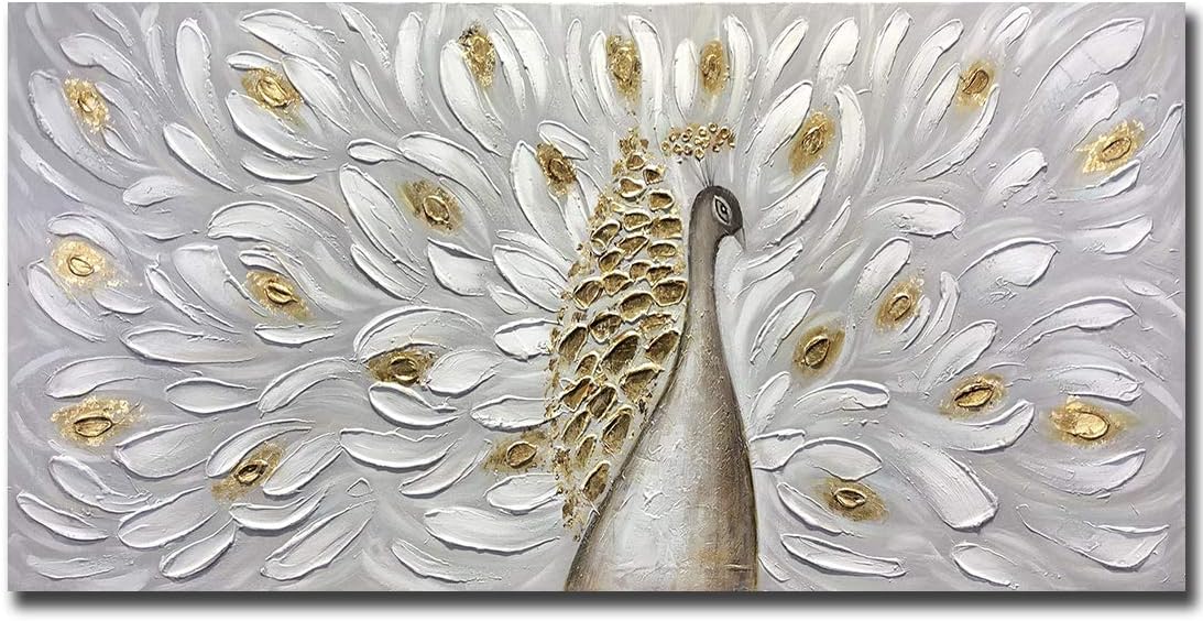 Paintings - Yotree Wall Art, 24x48 Inch Paintings 3D Peacock Oil paintings Simple Style Abstract Painting with Frame Easy to Hang White Gray