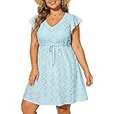 Plus Size Swimsuit Cover Up - Women V Neck Textured Hollow Out Flutter Sleeves Coverups Swimwear Summer Beach Dress