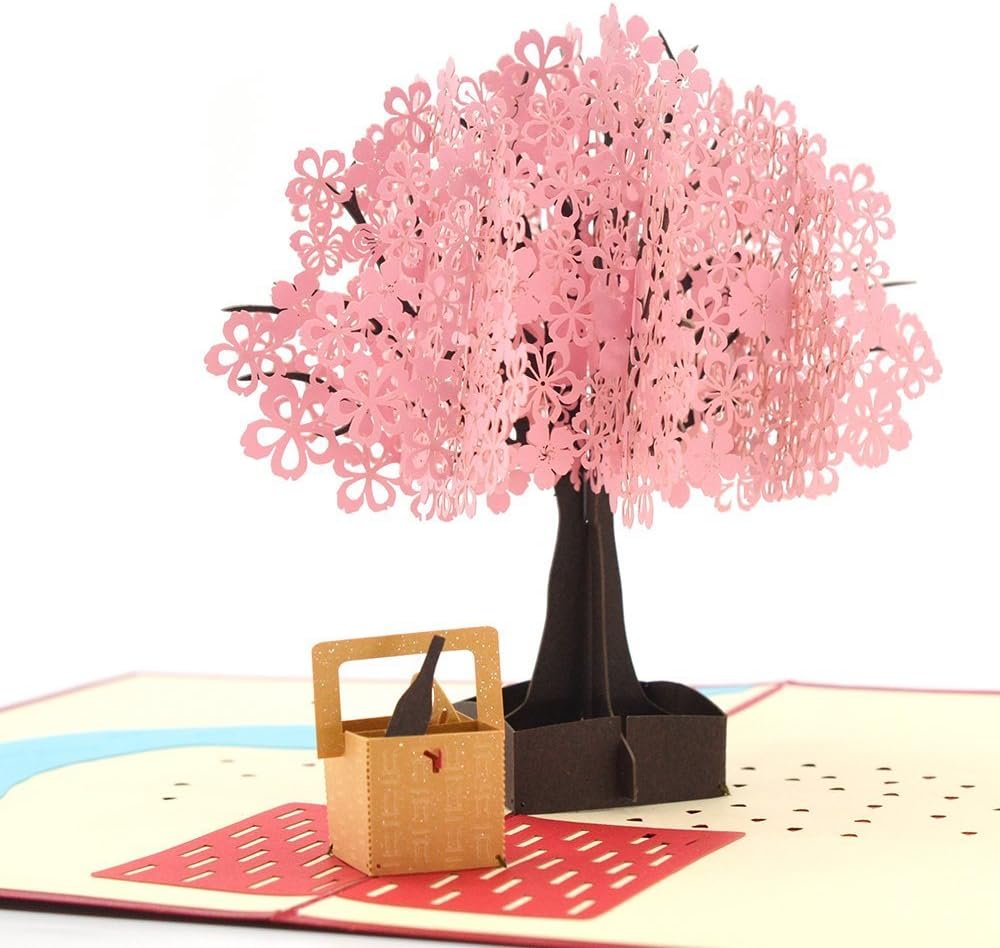 Adofect Handmade Cherry Blossom Pop Up Card, 3D Card, Springtime Card, Birthday Card, Dating Card for Husband, Wife, Boyfriend, Girlfriend (Cherry Blossom & Picnic Basket)