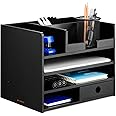 Navaris Bamboo Desk Organizer - Desktop Table Storage Drawers and Compartments for Organizing Stationery, Documents, Files, Office Accessories - Black