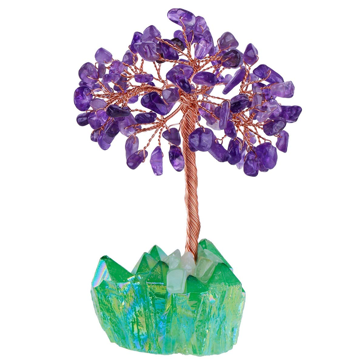 mookaitedecor Amethyst Crystal Money Tree with Green Titanium Quartz Crystal Base, Gemstone Feng Shui Ornaments Small Bonsai Tree Amethyst Tree of Life Green Ornament Good Luck Healing Crystal Gift