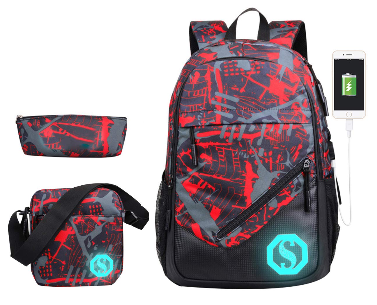 SellerFun Teenage Boy Girl Unisex Multifunctional School Bag Backpack with Florescent Mark(20L, USB ColorV 3 Sets)