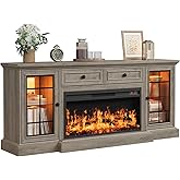 RNLRNL Fireplace TV Stand Up to 80" TVs, 70'' Modern Entertainment Center with 36" Electric Fireplace & LED Lights, Farmhouse Media Console with Storage Cabinet & Drawer for Living Room, Gray