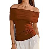 Arach&Cloz Women's Convertible Neckline Off-Shoulder Cowl Neck Slim Fit Tops 2025
