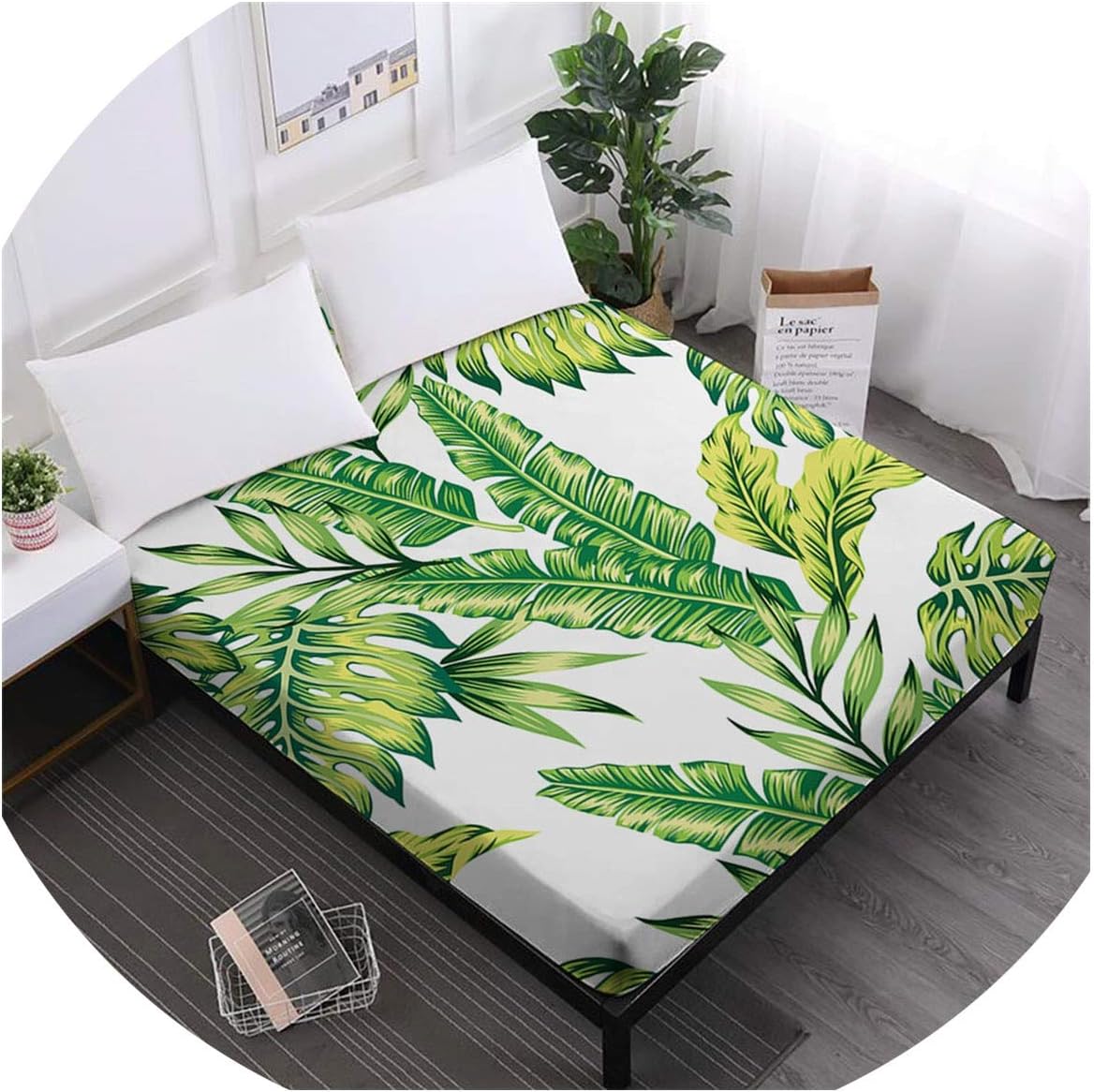 ZYLASTORE Blue Green Leaves Bed Sheets Plant Print Fitted