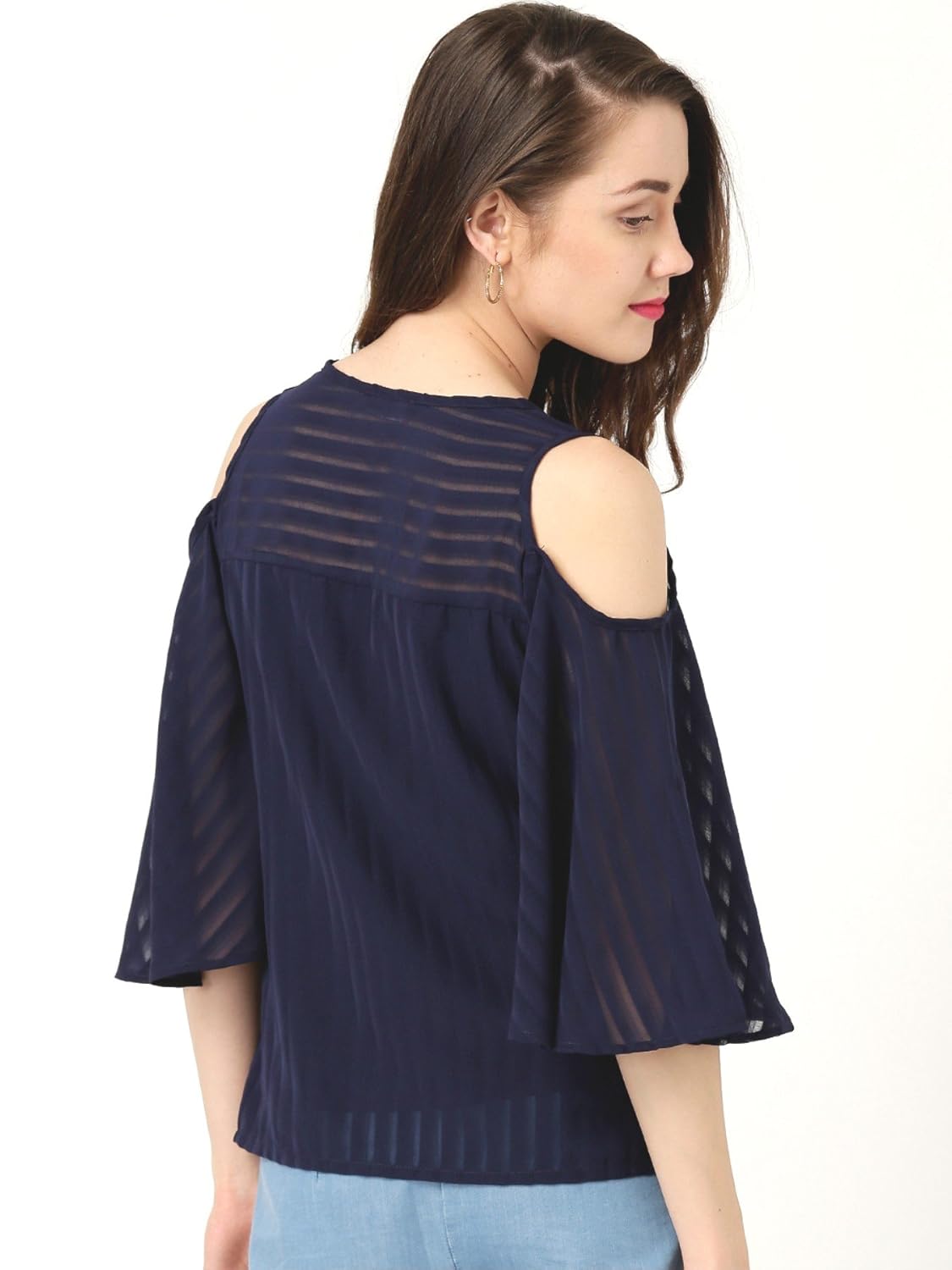 marie claire women navy self-striped cold shoulder top (mc10270)