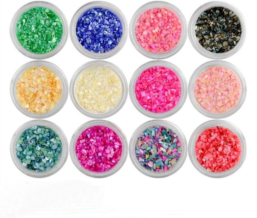 QIMYAR Nail Art 3d Nail Art Decorations Sparkle Powder Crushed Sea Shell Glitter Tips (12 colors)