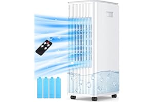 BALKO Evaporative Air Cooler, 3-IN-1 Windowless Swamp Cooler w/ 0.8 Gal Detachable Water Tank, 7H Timer & Remote, 4 Ice Pack, 70° Oscillation, Ductless Air Conditioner Portable for Room Indoor Office